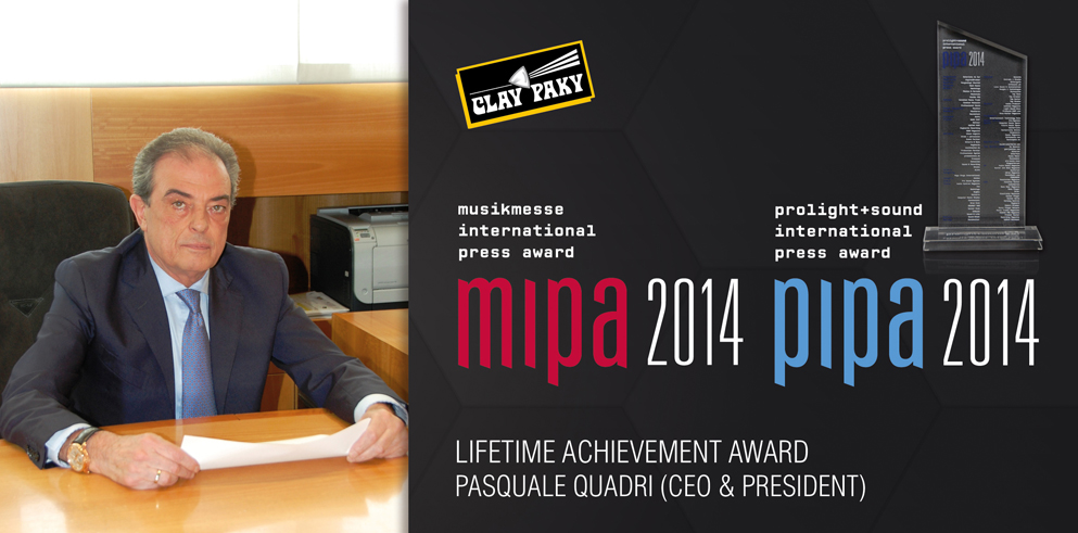Pasquale Quadri, founder and chairman of Clay Paky, receives the 2014 MIPA/PIPA Lifetime Achievement Award
