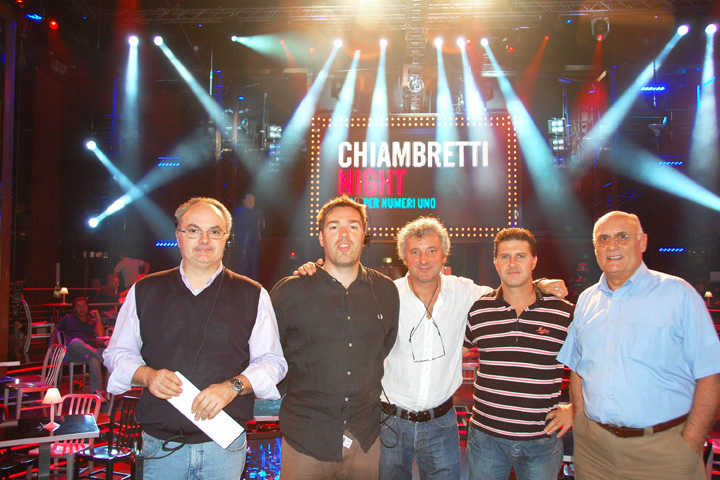 The LD Franco Buso (at the centre) with his lighting team and Clay Paky's sales manager Renato Ferrari (on the right)