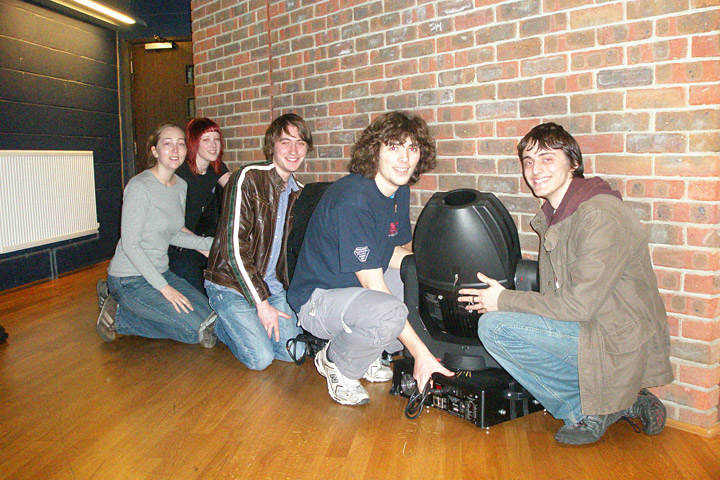 Students from the BA (Hons) Lighting Design and Lighting Programming courses, showing off their new Stage Zooms. Left to right Leah Glenville, Kine Kvendseth, Christopher Withers, Jonathan Spencer, and Matt Ward.