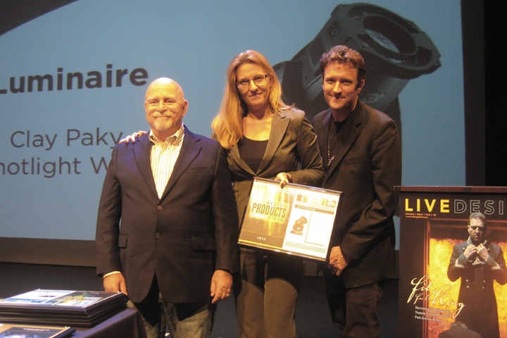 George Masek (R), Bob Gordon (L, ACT Lighting) and Marian Sandberg during the Live Design Awards Ceremony