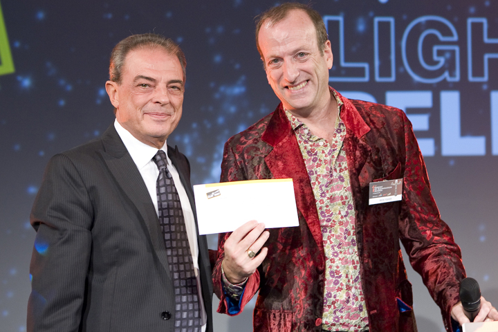 Pasquale Quadri (Clay Paky President) and the Light Relief donation (£ 3,000)
