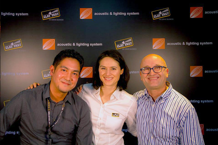 From L to R: Alfonso Zarate Takano (Clay Paky Sales Manager - APAC Area), Giulia Sabeva (Clay Paky Sales Support Engineer), Alberico D'Amato (Clay Paky Head of Sales)