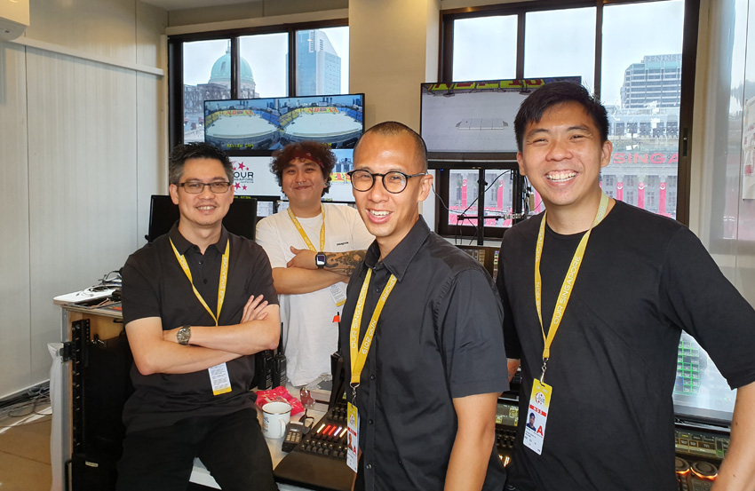 From left to right: Mac Chan (lighting designer), Tejay Yeo (lighting programmer), Chew Yongfa (tech manager), Michael Chan (lighting designer)